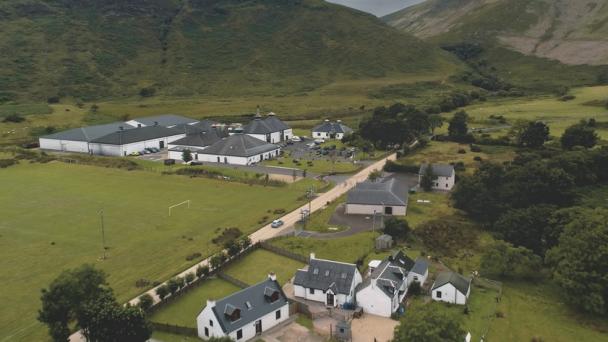 Aerial view of a rural town in Scotland, UK