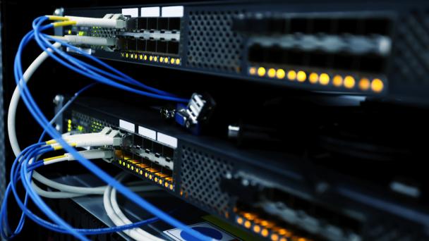 Ethernet cables plugged into a server