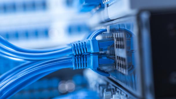 Ethernet cables plugged into a server